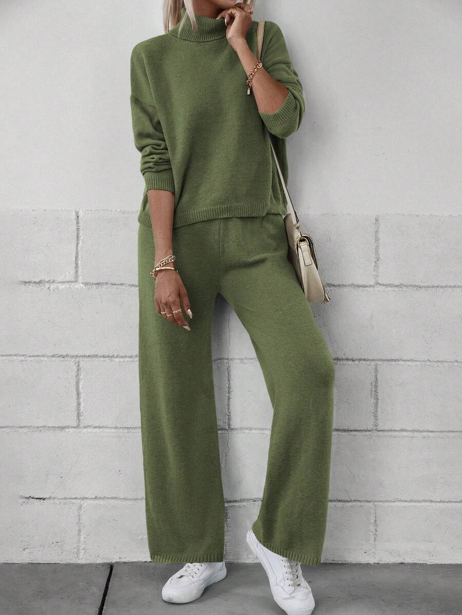 SHEIN Essnce Turtleneck Drop Shoulder Sweater & Knit Pants - Green - View 1