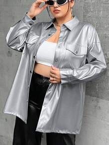 SHEIN Coolane Plus Flap Pocket Drop Shoulder PU Leather Coat - Silver - View 4