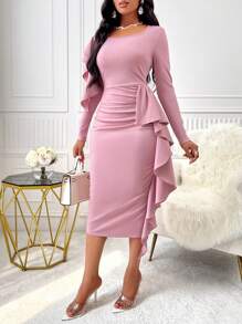 SHEIN Clasi Square Neck Ruffle Trim Ruffle Trim Ruched Bodycon Dress Maxi Women Outfit Fall Cloth For Women - Pink - View 6