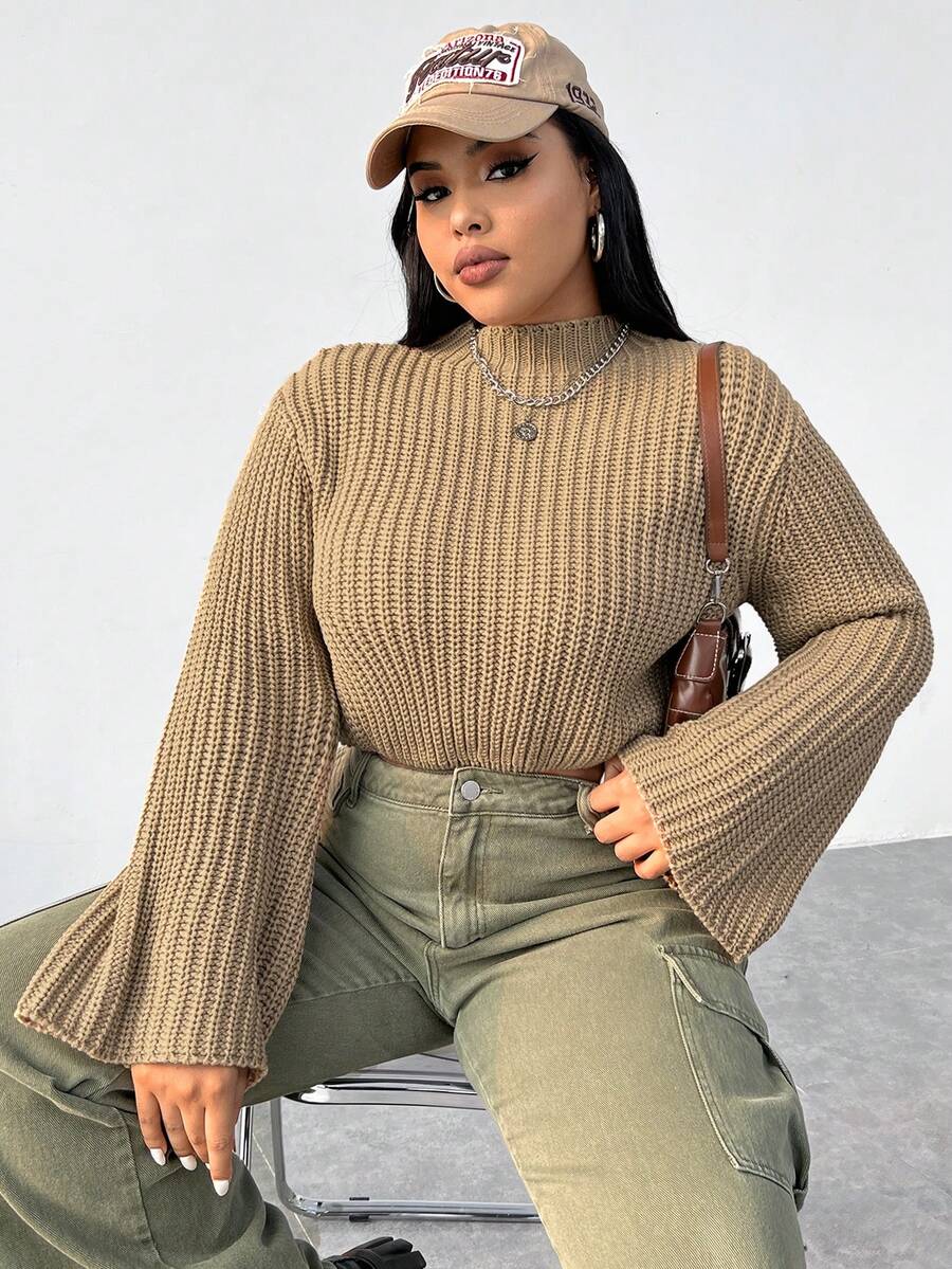 SHEIN EZwear 大碼小高領喇叭袖套頭毛衣 - 卡其色 - 查看 1