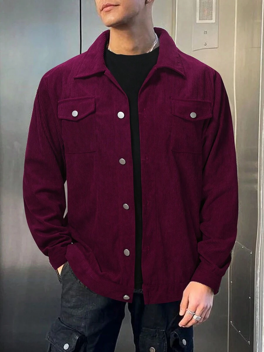 Manfinity Homme 男士翻蓋口袋灰絨外套 - 酒紅色 - 查看 1