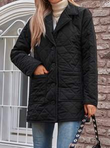 RueChic Dual Pocket Button Front Lapel Neck Quilted Coat - Black - View 4