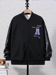 SHEIN Teen Boy 1pc Slogan & Cartoon Graphic Drop Shoulder Contrast PU Leather Bomber Jacket - Black - View 2