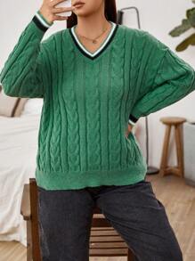 Flirla Plus Striped Trim Cable Knit Drop Shoulder Cricket Sweater - Army Green - View 6
