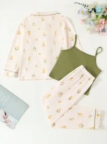 SHEIN Tween Girl Solid Cami Top & Floral Print Pants & Button Front Shirt PJ Set - White - View 2