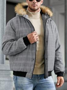 Manfinity VCAY Chaqueta acolchada con capucha con cremallera, con estampado a cuadros y ribete de felpa, de corte holgado y talla grande para hombre, para otoño e invierno - Multicolor - Ver 1