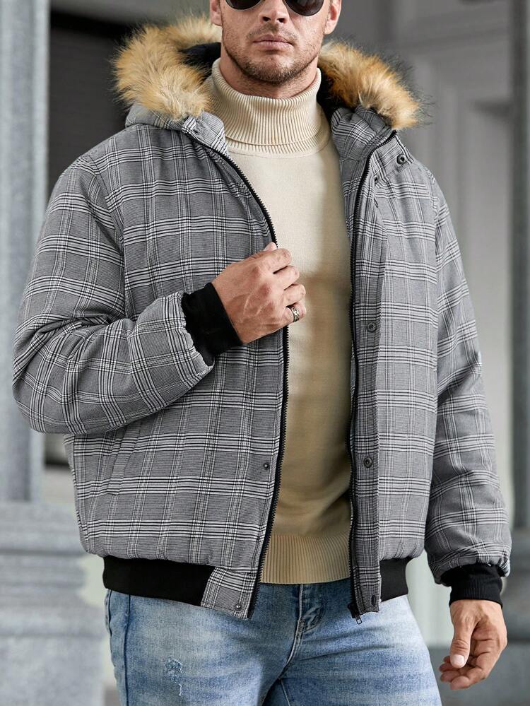 Loose Fit Plus Size Men Plaid Printed Fuzzy Trim Hooded Zip-Up Puffer Jacket, For Fall Winter