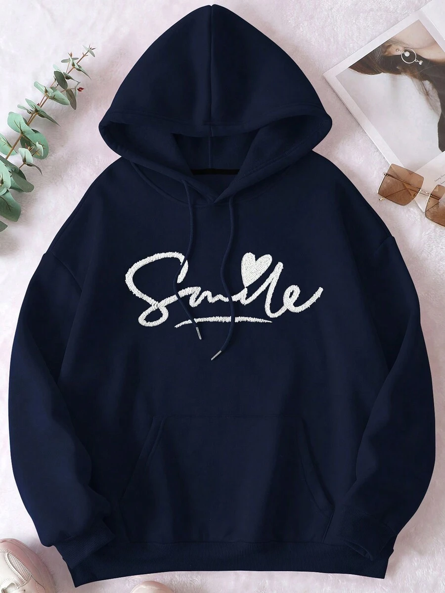 SHEIN EZwear Của phụ nữ Kích thước lớn Thêu Chữ Túi kangaroo Áo nỉ có mũ Với dây rút - Màu xanh hải quân - Xem 1