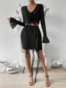 Chiquease Ruffle Trim Knot Front Crop Top & Skirt Fall Cloth For Women - Black - View 4