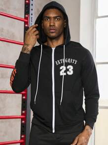 Manfinity Sport Corelite Men Letter Graphic Zip Up Drawstring Hooded Sports Jacket Workout Tops Sports Jacket - Black - View 4