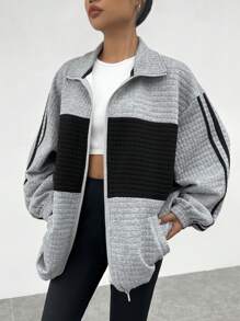 SHEIN EZwear 雙色拉鏈開襟夾克 - 灰色 - 查看 2