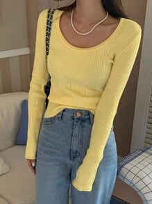 DAZY Solid Scoop Neck Ribbed Knit Sweater,Long Sleeve Tops,Fall Women Clothes - Yellow - View 6