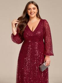 EVERPRETTY Plus Size Women Elegant Lantern Sleeve Sequin Deep V Formal Evening Dress - Burgundy - View 7