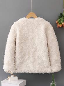 SHEIN Tween Girl Solid Button Front Teddy Coat - Beige - View 2