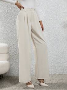SHEIN Privé High Waist Plicated Detail Wide Leg Suit Pants - Apricot - View 7