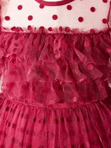 十幾歲女孩短款綢緞天鵝絨圓領網紗裙,純色款式 - 酒紅色 - 查看 5