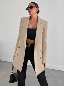 EURMUSE Double Breasted Loose Fit Fine Cut Suit Jacket - Beige - View 6