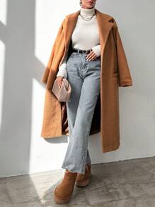 EURMUSE Lapel Neck Dual Pocket Drop Shoulder Overcoat - Camel - View 5