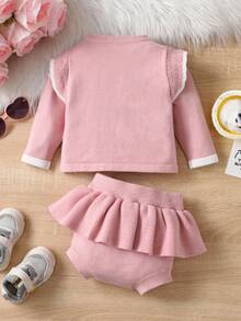 揉皺 前紐扣純色嬰童（女）毛衣套裝 - 粉色 - 查看 2