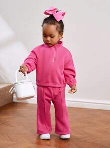 SHEIN Bebis Flicka Halv Dragkedja Nedhasade aclar Sweatshirts & Byxor med Utsvängda Ben - Rosa - Visa 1
