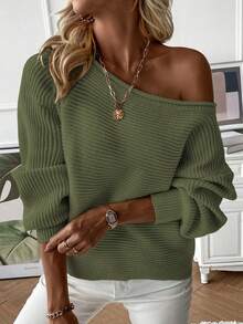 SHEIN Essnce Cổ thuyền tay cánh Áo len - xanh quân đội - Xem 6