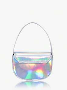 SHEIN ICON 前衛金屬質感翻蓋馬鞍包 - 銀色 - 查看 4