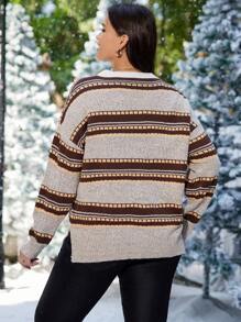 SHEIN LUNE 加大码几何图案落肩针织套头衫秋冬毛衣 - 彩色 - 查看 2