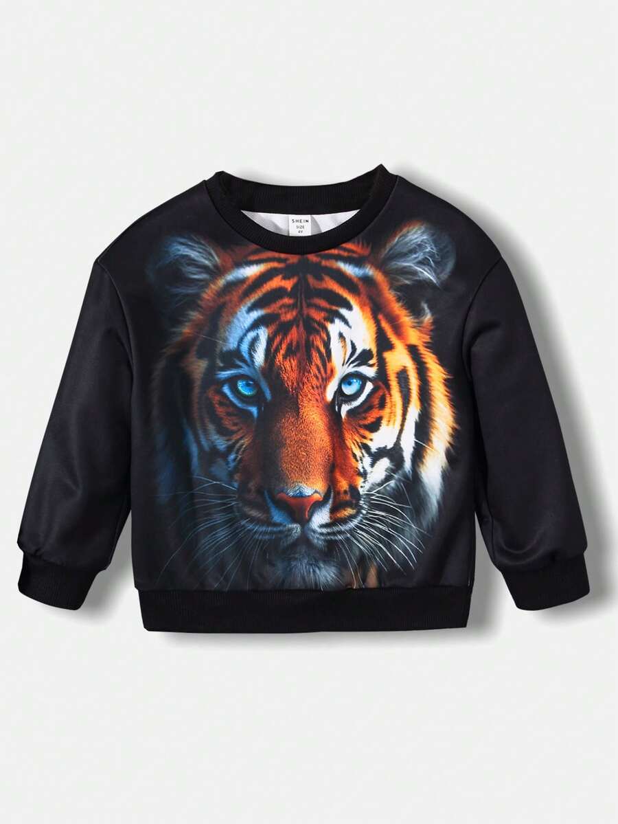 SHEIN Young Boy Tiger Print Sweatshirt - Black - View 1