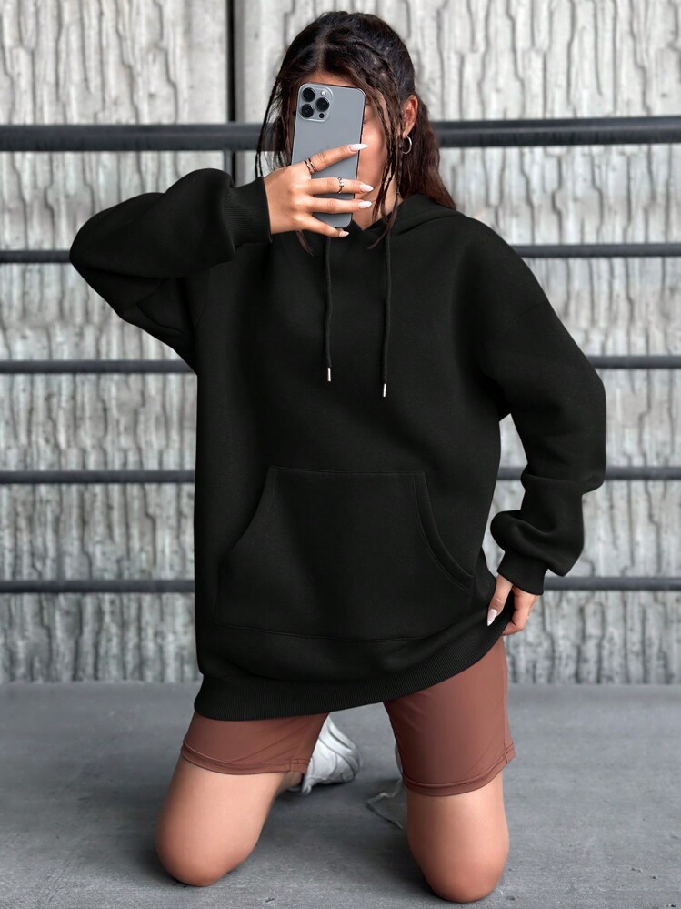 SHEIN Cottnline Ladies Solid Color Fleece Lined Hooded Sweatshirt With Drawstring - Black - View 4