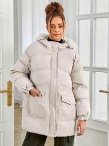 少女翻盖口袋毛绒装饰连帽棉服外套 - 杏色 - 查看 3