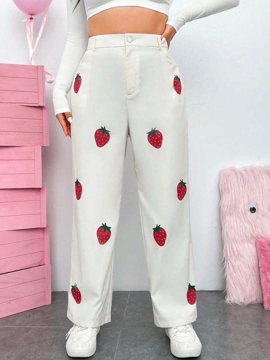 SHEIN EZwear Strawberry Print Pants - Apricot - View 1
