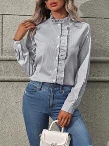 SHEIN Frenchy Camisa De Mujer A Rayas Con Cuello Alto Y Detalles De Volantes - Negro - Ver 1