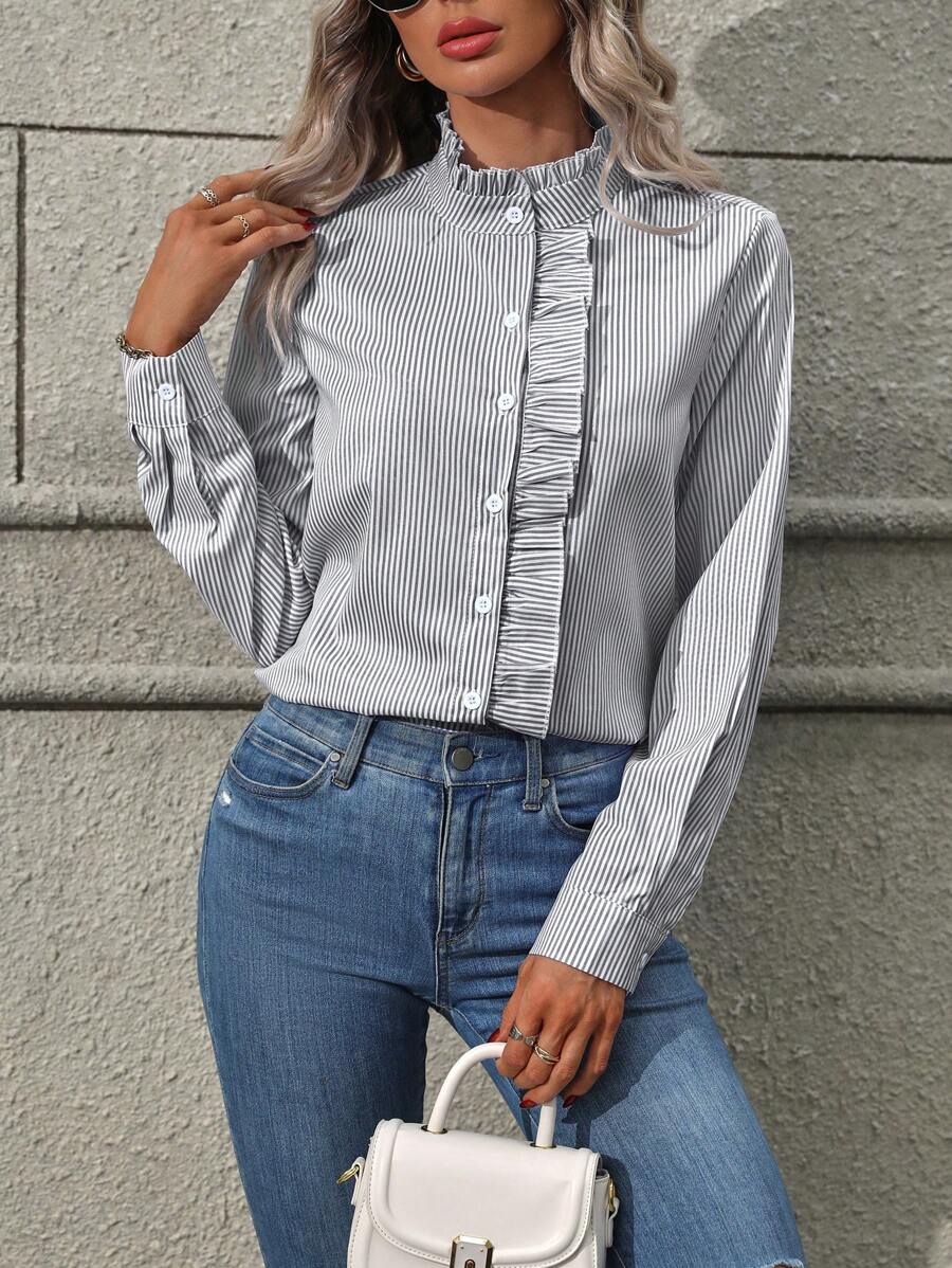 SHEIN Frenchy Camisa De Mujer A Rayas Con Cuello Alto Y Detalles De Volantes - Negro - Ver 1