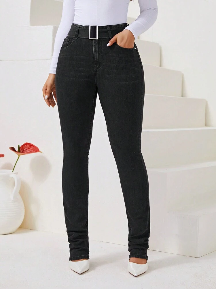 High Waist Belted Skinny Jeans