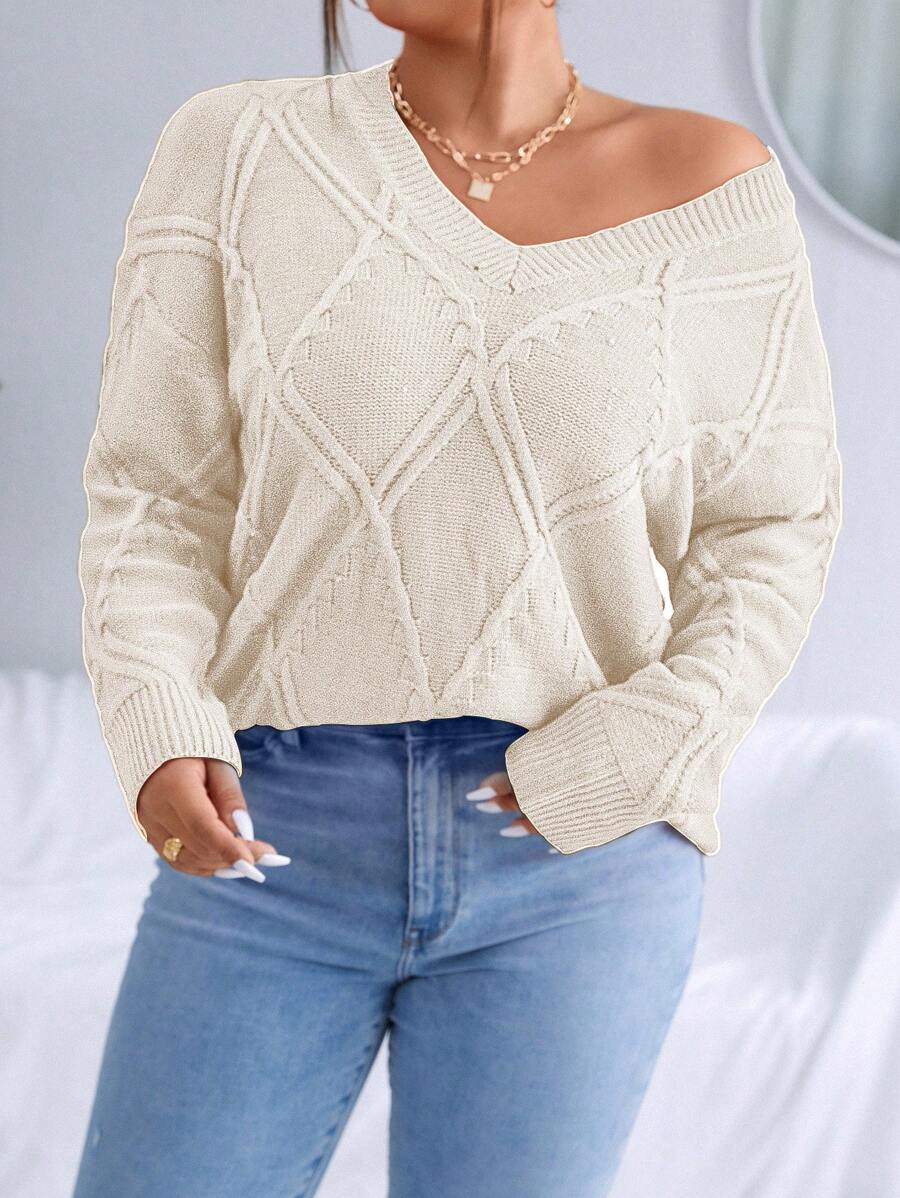 Calvaya 加大码麻花针织落肩套头毛衣秋冬毛衣 - 杏色 - 查看 1