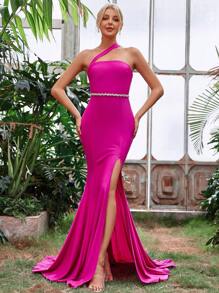Asymmetrical Neck High Slit Thigh Length Sequined Detail Mermaid Formal Dress - Hot Pink - View 3