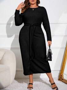 SHEIN Clasi Plus 羅紋針織前結連身裙 - 黑色 - 查看 4