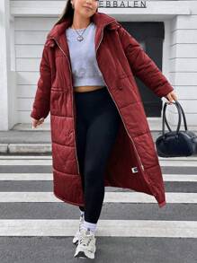Flirla Plus Drawstring Waist Hooded Padded Padded Coat Clothes Winter - Burgundy - View 5