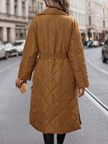 SHEIN Unity Diamond Quilted Pleated Long Padded Coat Clothes Winter With Waist Belt