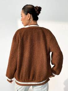 SHEIN Unity Striped Trim Drop Shoulder Zipper Teddy Bomber Jacket - Chocolate Brown - View 2