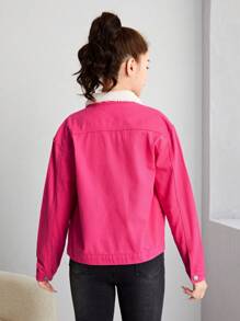 SHEIN Girls' Teenage Oversized Denim Jacket With Dropped Shoulders - Hot Pink - View 2