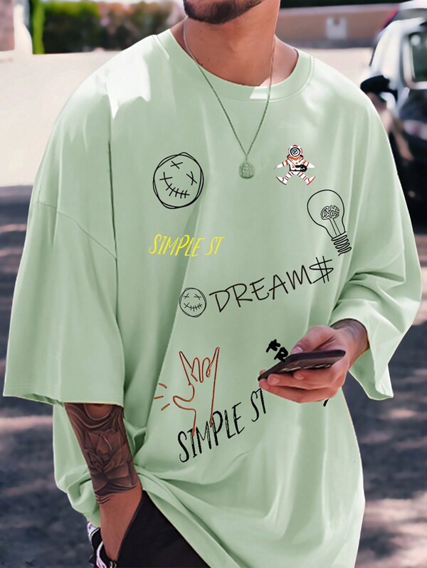 Manfinity LEGND Herren Große Größen Graffiti Cartoon Buchstaben Druck Lässiges Kurzarm T-Shirt, Ausgehen, Drop-Shoulder