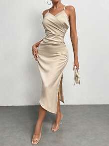 SHEIN Privé Solid Split Thigh Cami Dress - Champagne - View 1