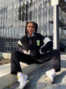 EURMUSE 2pcs/Set Women Crew Neck Letter Print Colorblock Long Sleeve Jacket And Slim Fit Pants - Black - View 2