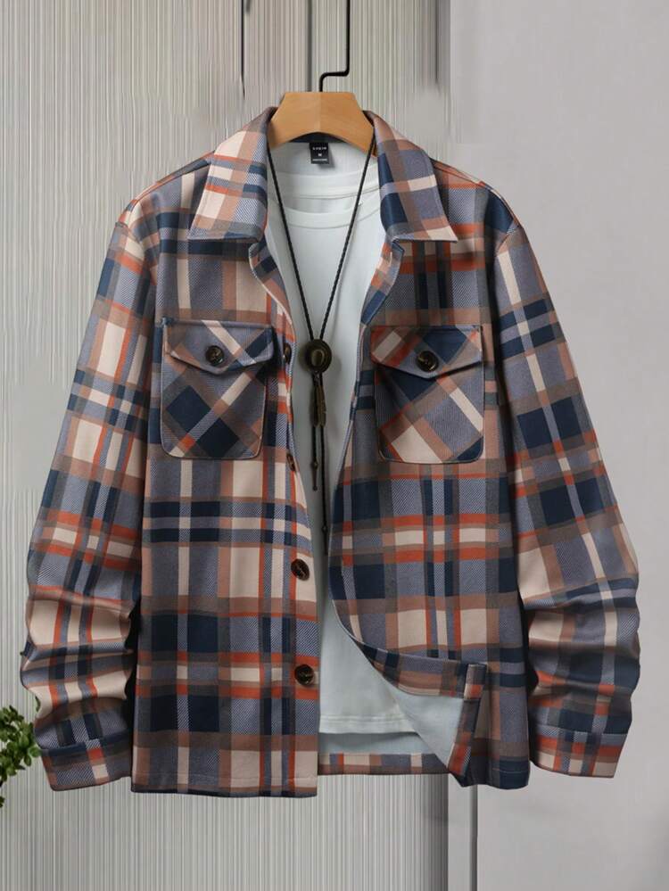 Men's Plaid Turn-down Collar Pocketed Woolen Coat