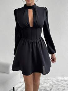 Zolique Cắt ra phía trước Tay áo lồng đèn Đầm - màu đen - Xem 4