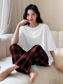 DAZY Solid Drop Shoulder White Tee & Plaid Pants Lounge Set Pajama