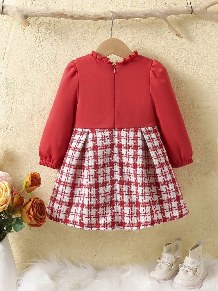 Baby Girls' Stylish Peter Pan Collar Plaid Dress With Ear Decoration, Autumn And Winter