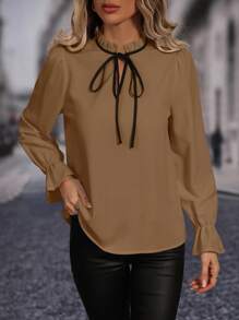 SHEIN Clasi Của phụ nữ Áo sơ mi Với Knotted Vòng cổ , Tương phản ràng buộc Và Viền trang trí - Màu Khaki - Xem 3