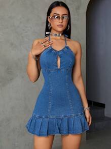 SHEIN ICON 女性牛仔百褶繞頸洋裝 - 中等水洗藍 - 查看 4
